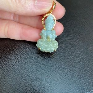 14k Real Gold Kwan Yin Buddha Female Jade Pendant